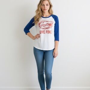 PINK Victoria's Secret Blue and White Graphic Raglan Tee